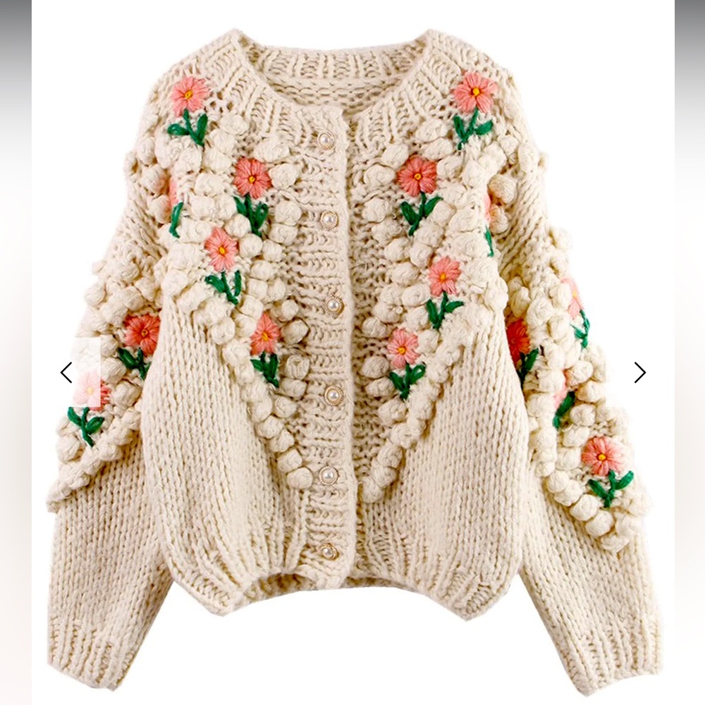 NWOT Goodnight Macaroon 'Laura' Floral Embroidered Pom Pom Cardigan